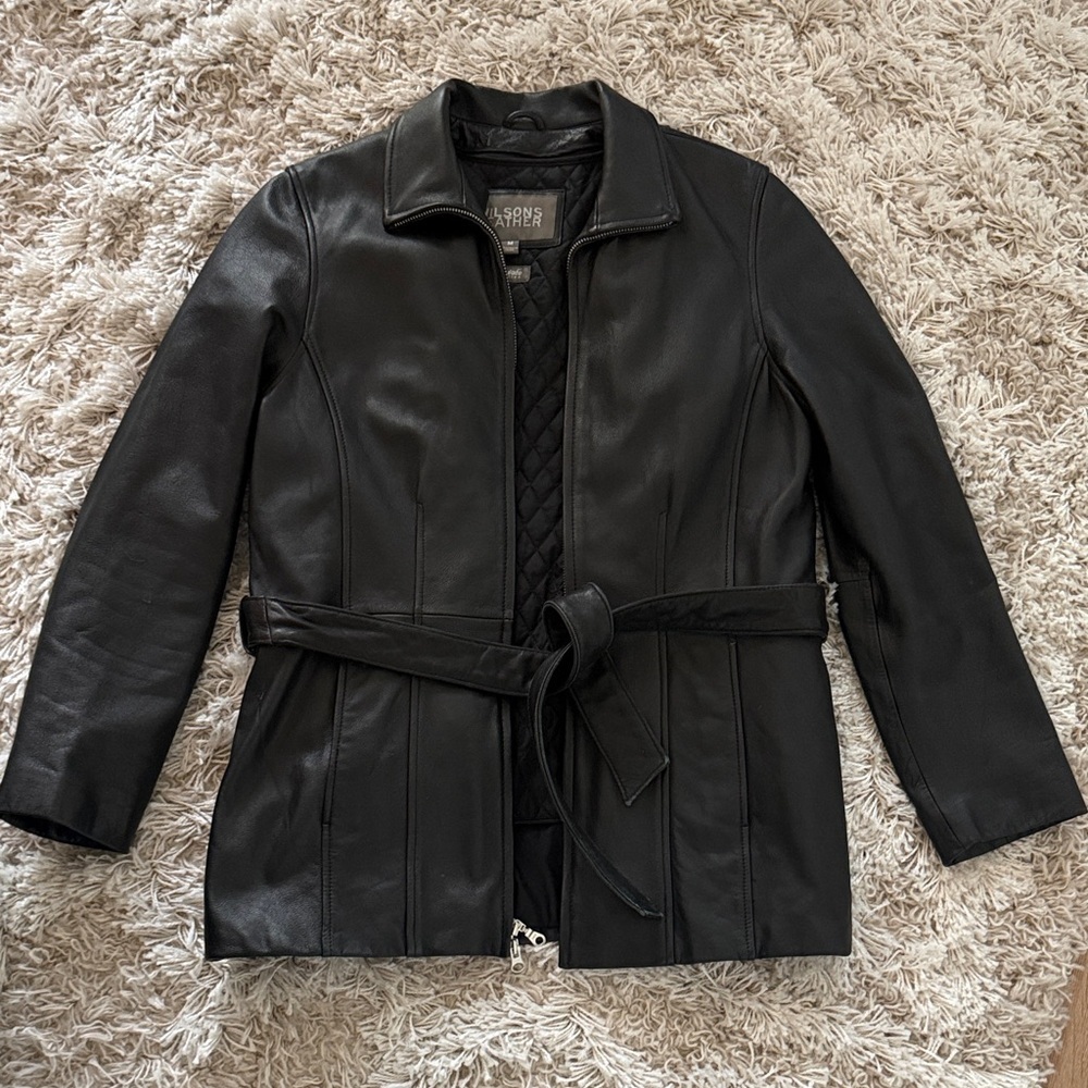 Wilsons Leather Black Belted Moto Jacket Size M Classic Biker